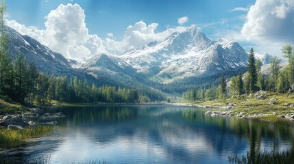 Beautiful mountain scene with a tranquil lake reflecting the peak, spacious copy area.