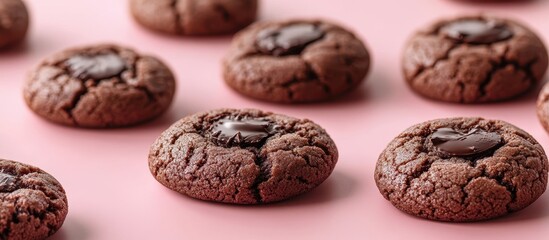 Obraz premium Delicious Homemade Chocolate Cookies on Pink Background Perfect for Dessert and Baking Themes