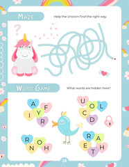 Activity Pages for Kids. Printable Activity Sheet with Unicorn Activities –  Maze, Find the hidden words in mixed letters. Vector illustration.