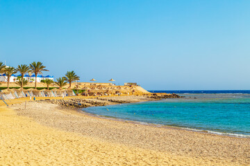 Sunny resort beach  on the shores of the Red Sea.