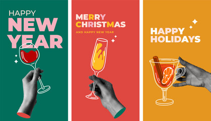 Group people drink winter drinks. Set of templates for social media with human hands holding mulled wine, champagne, red wine. People celebrate Christmas and New Year together. Modern halftone collage