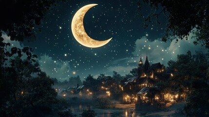 Naklejka premium Crescent moon hanging over a quiet village, with ample copy space.