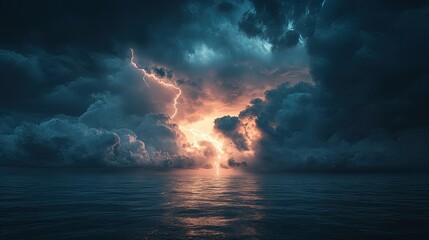 Obraz premium Dark clouds and lightning over a vast ocean, with plenty of room for text.