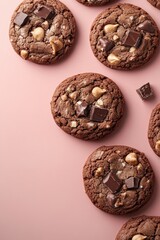Obraz premium Delicious Homemade Chocolate Chip Cookies with Nuts on a Pink Background