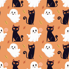 Seamless pattern of cute ghosts and black cats. Halloween holiday. Fabulous vintage background.