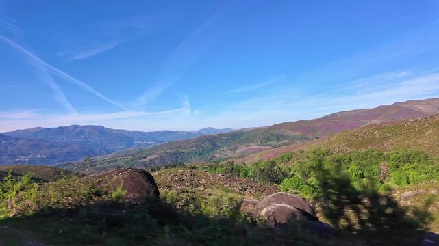 Driving with the car through the Peneda Geres National Park in Portugal, Europe. Area around Ponte da Barca