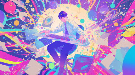 a male office worker, anime style, cute kawaii, simple, smiling happy, neon psychedelic background