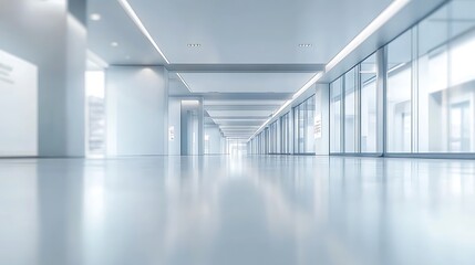 Obraz premium Modern Minimalist Exhibition Hall with Sleek Architectural Details, Blurred Signage, and Polished Flooring