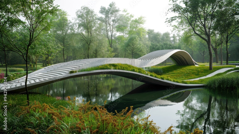 Poster a bicycle and pedestrian bridge with a wave-like design, seamlessly blending into the surrounding pa