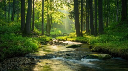 Obraz premium Gentle stream in a European woodland, ideal for adding copy space.