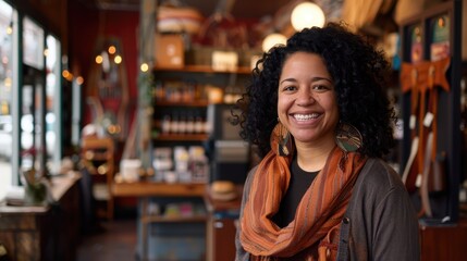 A young woman with a warm smile stands in her small business shop, surrounded by unique and interesting products.