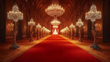 Obraz premium Glamorous Red Carpet Path in a Lavishly Lit Hall with Crystal Chandeliers and Ornate Details for a Prestigious Ceremony