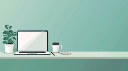 A clean and minimalistic corporate workspace illustration featuring a laptop, business documents, and a cup of coffee on a sleek desk, with a subtle gradient background. 8k UHD, suitable for 