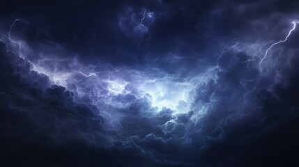 Fototapeta premium Lightning illuminating a stormy night sky, with plenty of room for copy.