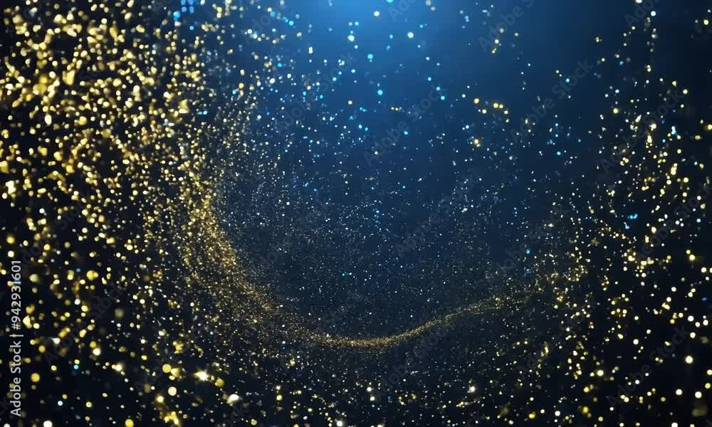 Poster captivating golden particles swirl gracefully in mesmerizing patterns against a deep blue backdrop a