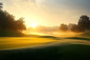 Sunrise Over a Misty Golf Course