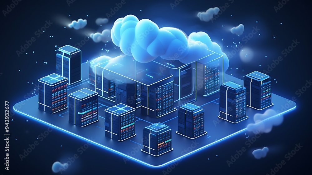 Poster 3d isometric data center with servers connected to cloud storage