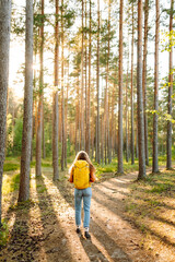 Obraz premium Happy young woman with curly hair walks along a forest path, wearing a yellow hiking backpack surrounded by tall trees and warm sunlight. Trips. Active lifestyle. Hiking.