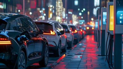 Obraz premium Electric car charging stations in a busy city, representing clean transportation
