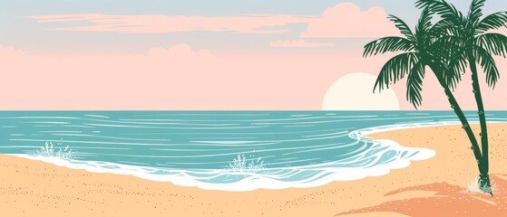 Obraz premium This vibrant landscape captures a peaceful beach with gentle waves lapping at the shore, palm trees swaying on the right, and a warm sunset glow, inviting a relaxing vacation