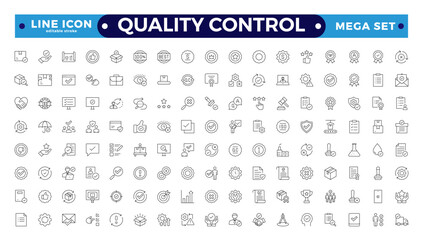 Quality control Outline icon set. Containing inspection, evaluation, product, quality assurance, process, testing, Pictograms, and infographics for mobile apps. Editable stroke outline icon. 