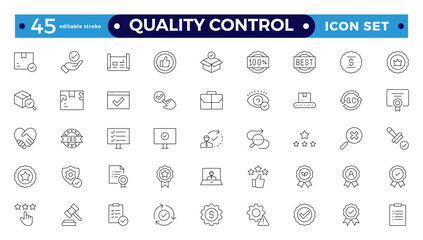 Quality control Outline icon set. Containing inspection, evaluation, product, quality assurance, process, testing, Pictograms, and infographics for mobile apps. Editable stroke outline icon. 