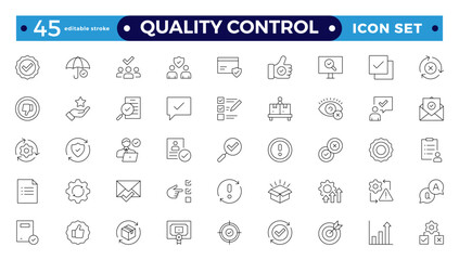 Quality control Outline icon set. Containing inspection, evaluation, product, quality assurance, process, testing, Pictograms, and infographics for mobile apps. Editable stroke outline icon. 