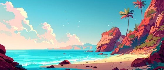 This colorful landscape captures a tranquil beach scene featuring gentle waves, palm trees on the right, and rocky cliffs in the distance, perfect for a vacation getaway