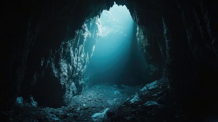 Narrow passage inside a dark cave, illuminated by soft light, with space for copy.