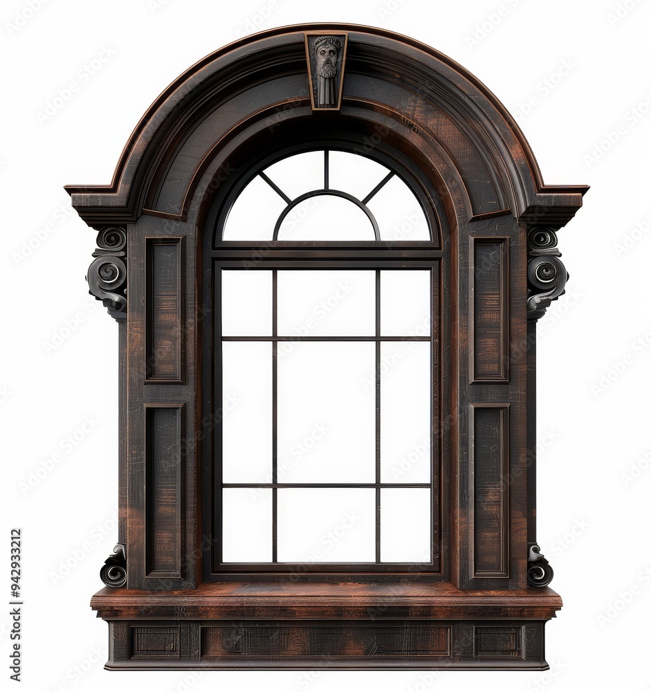 Poster realistic 3d representation of an intricately designed arched window made of dark wood, presented in
