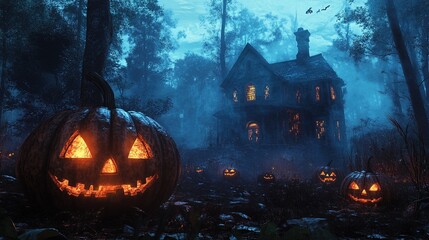 Naklejka premium Halloween background with pumpkins and haunted house. Halloween background with Evil Pumpkin. Spooky scary dark Night forrest. Holiday event halloween.