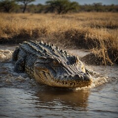 Obraz premium A powerful crocodile emerging from a river, with an African savannah backdrop.