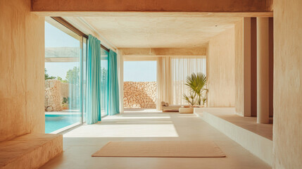 Mediterranean luxury villa in modern style with earthy tones and minimalist geometrical spaces. Premium Real Estate image.