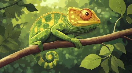 A cartoon chameleon perched on a branch. --ar 16:9 --v 6.1 Job ID: e27fe222-4470-4f5d-8115-7a1b54ed6dc1