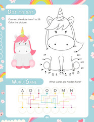 Activity Pages for Kids. Printable Activity Sheet with Unicorn Activities –  dot to dot, mixed letters. Vector illustration.