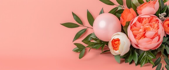 Pink Balloon and Peach Flowers on a Pink Background
