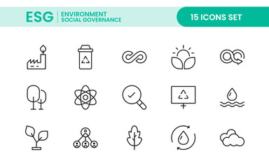 ESG flat editable line icon set. Vector line icon collection related to ecology, environment social governance, risk management, sustainable developmen and more.