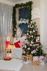 Christmas and New year decorations. Fir tree with red white bulbs, white chair and cushions,...