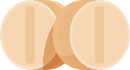 Two round beige medical pills with a line dividing them are lying on a white background