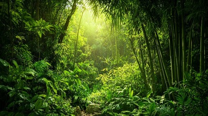 Fototapeta premium Bamboo forest with fresh green leaves