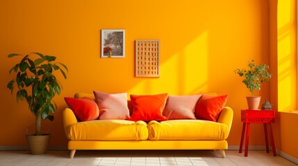 Brightly lit modern living room with vibrant yellow walls, an orange couch with colorful pillows, houseplants, and wall art ideal for home dÃ©cor magazines, blogs, or interior design catalogs,