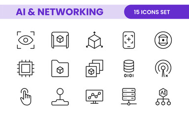 Artificial intelligence and Networking technology icon set. AI and networking editable line icon illustration.