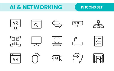 Artificial intelligence and Networking technology icon set. AI and networking editable line icon illustration.