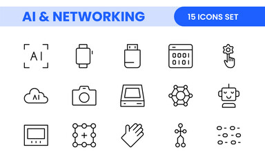 Artificial intelligence and Networking technology icon set. AI and networking editable line icon illustration.