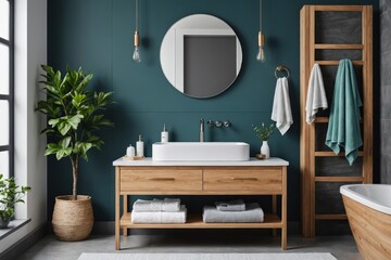 Stylish interior of modern bathroom with clean towels
