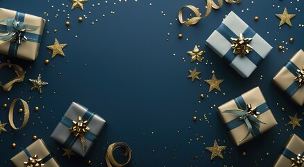 New Year banner. Christmas gift boxes tied with bows, balls, golden decorations. Season's greetings scene perfect for messages or promo. Xmas frame. Gifts on dark blue. Presents with stars, confetti