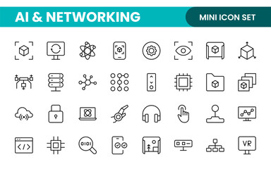 Artificial intelligence and Networking technology icon set. AI and networking editable line icon illustration.