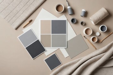 Stylish  flat lay composition in beige and gray color palette with textile and paint samples, panels and tiles