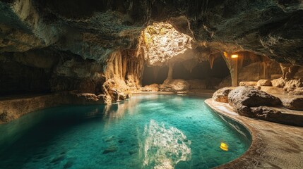 Fototapeta premium Serene underground cave pool illuminated by soft light, with plenty of space for copy.