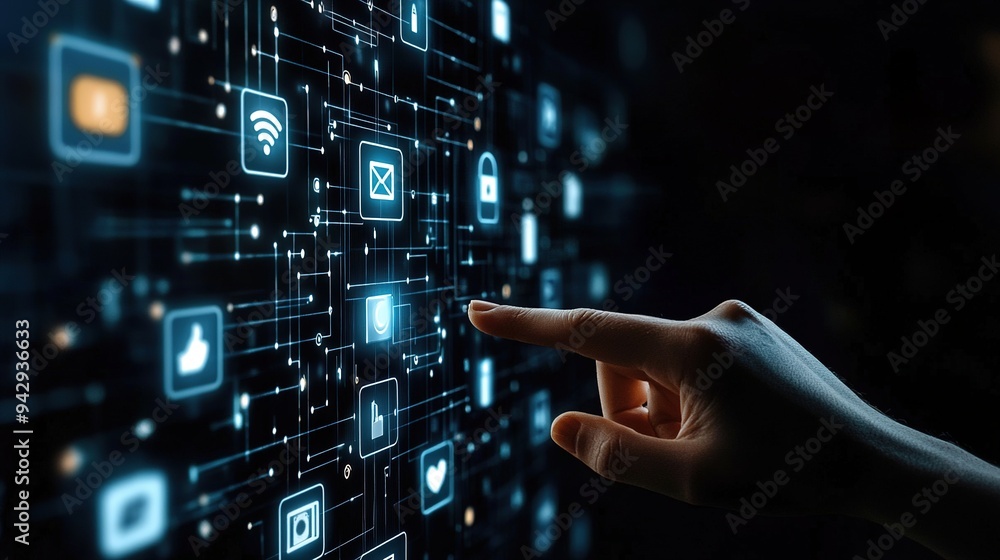 Poster hand touching virtual screen with data network connection and social media icons on dark background,